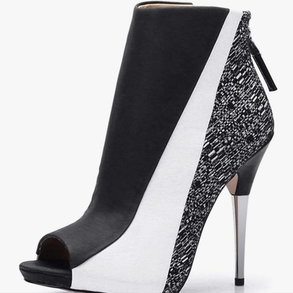 Elegant Black and White Peep-Toe Ankle Boots